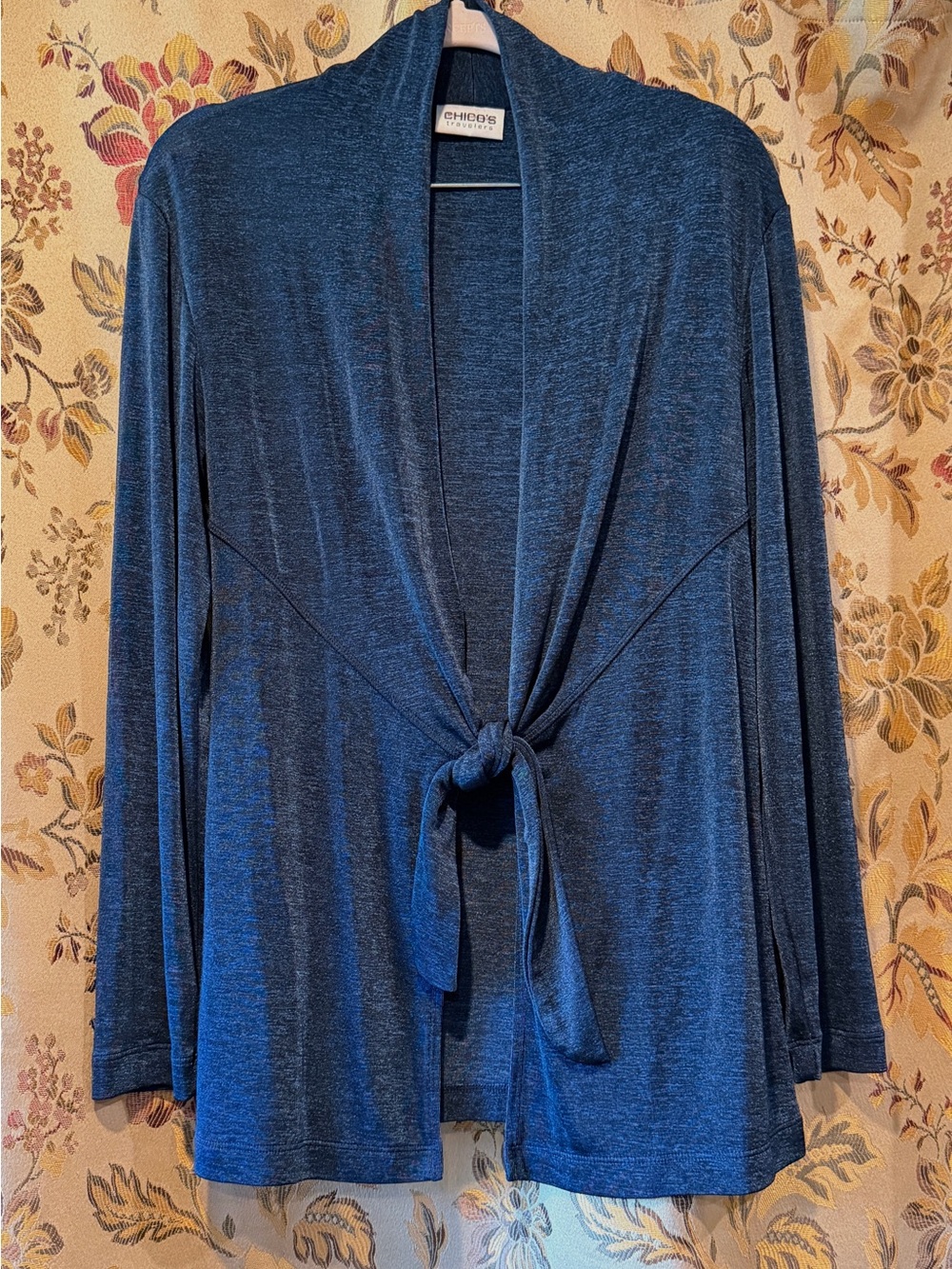 Chico's Travelers Size 1 Open-Front Tie-Waist Sweater Cardigan - Blue